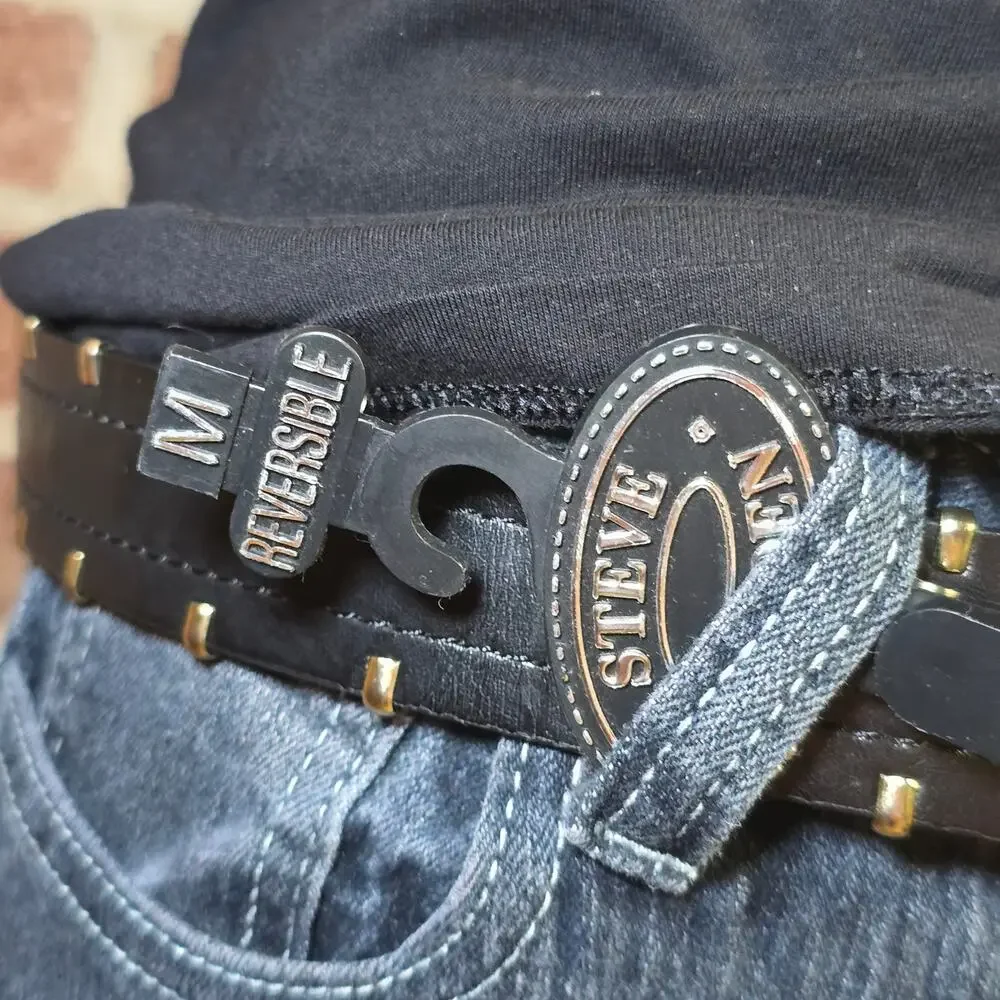 Steve Madden Y2K Black Leather Studded Belt Gold Buckle